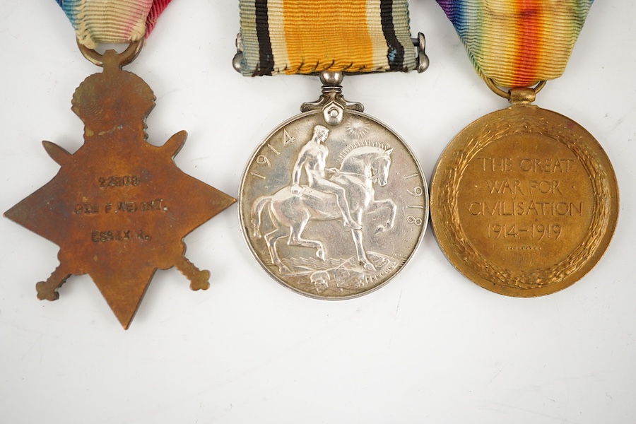 Seven First World War medals, including a Military Medal (MM) group comprising of an MMand a 1914 Star awarded to 7993 Pte. W. Grundy 1/R. SC. FUS., Military Medal possibly renamed, together with a WWI trio awarded to 22